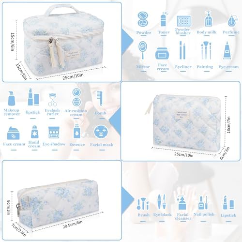 Gosect Makeup Bag Set, Quilted Makeup Bag, Large Floral Cosmetic Bag - Image 2