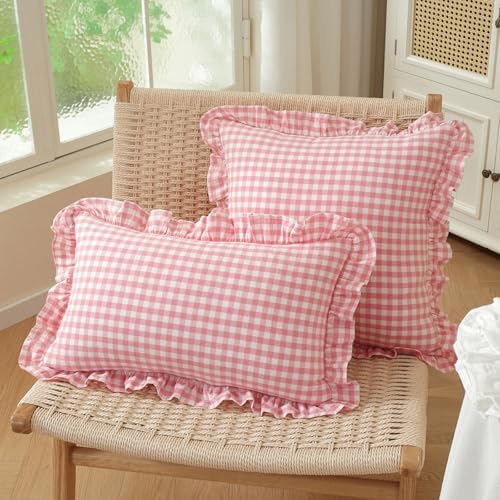 Set of 2 Light Pink and White Ruffle Lumbar Pillow Covers 12x20 Inch, Gingham - Image 3