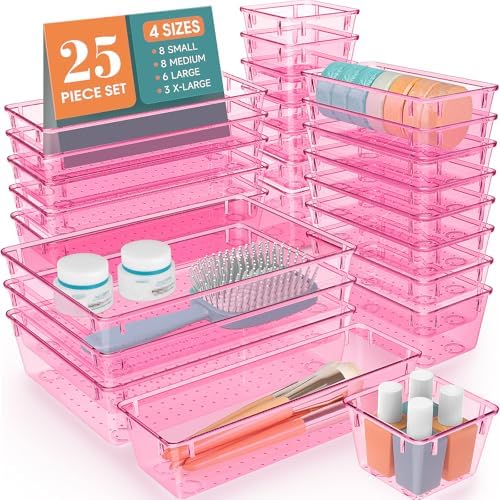 25 PCS Plastic Drawer Organizer Set, Makeup Organizers and Storage Bins by WOWBOX