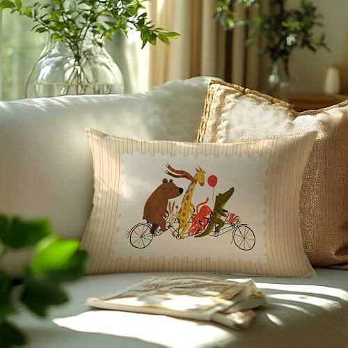 Cute Jungle Animal Bike Striped Print Pillow Cover 20x12, Whimsical Animal - Image 3