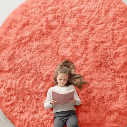 OLANLY Coral Red Round Rugs for Bedroom by OLANLY