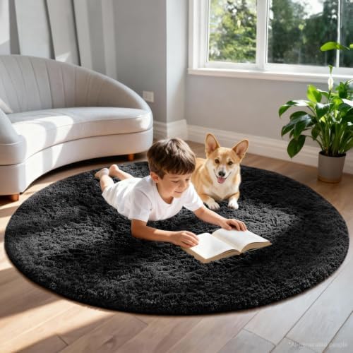 Ophanie Round Rug 6Ft Black Circle Area Rug, Room Decor - Image 3