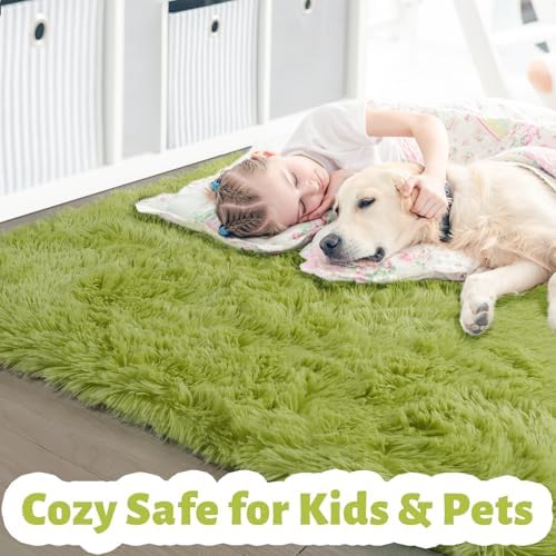 Amdrebio Grass Green Furry Area Rug 5x8 - Image 2