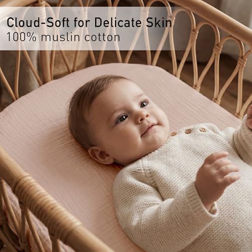 Muslin Bassinet Sheets 2 Pack, Soft Fitted Bedside Sleeper Sheet 33x20 Inch - Image 6