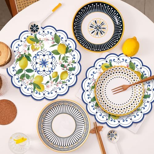 50PCS Lemon Paper Placemats Disposable Blue Chinoiserie Floral Placemat - Image 5