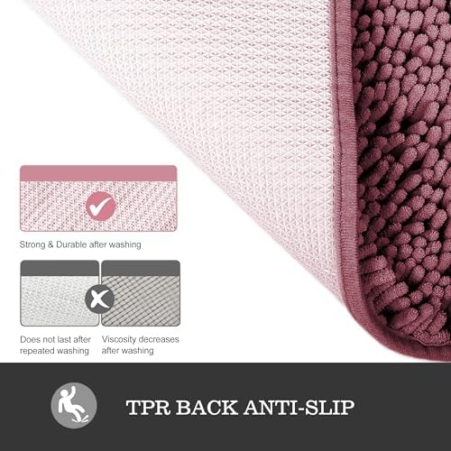 Yeaban Chenille Dusty Rose Bathroom Rug 17"x24", Non-Slip Rubber Backing - Image 3