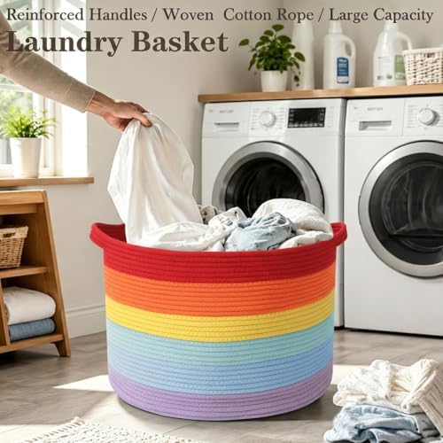 65L Large Blanket Basket, Rope Woven Laundry Basket-Rainbow - Image 5