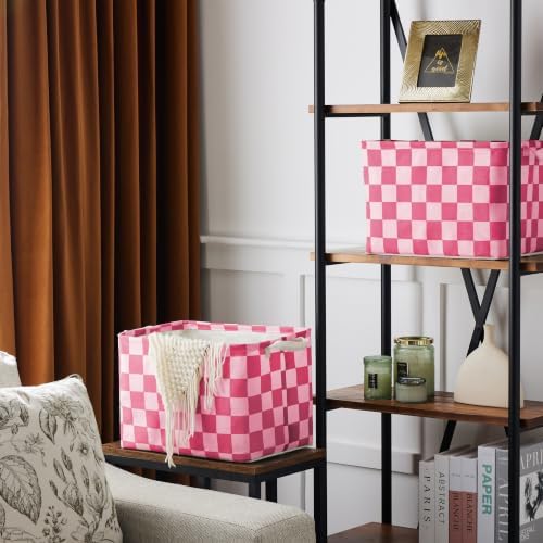 Hot Pink Coral Checkered Canvas Basket, Rectangular Organizing Decorative - Image 3
