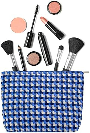 Flat Makeup Bag for Women, Zipper Cosmetic Pouch for Purse, Grid Lake Blue - Image 3