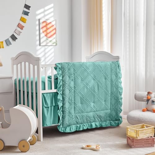 Mini Crib Bedding Set 3 Pieces Baby Boho Quilted Tufted Ruffles Comforter - Image 2