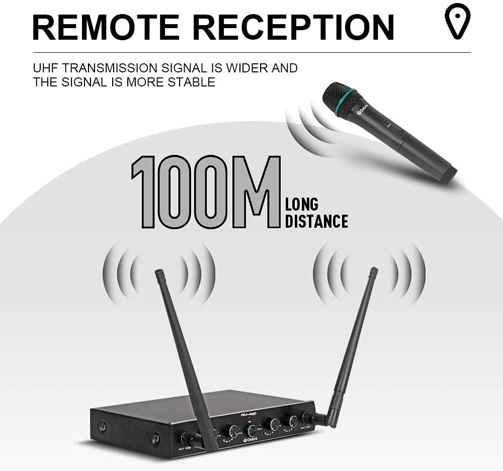 Debra Audio Pro UHF 4 Channel Wireless Microphone System with Cordless Handheld Lavalier Headset Mics, Metal Receiver, Ideal for Karaoke Church Party (with 4 Handheld (A))
