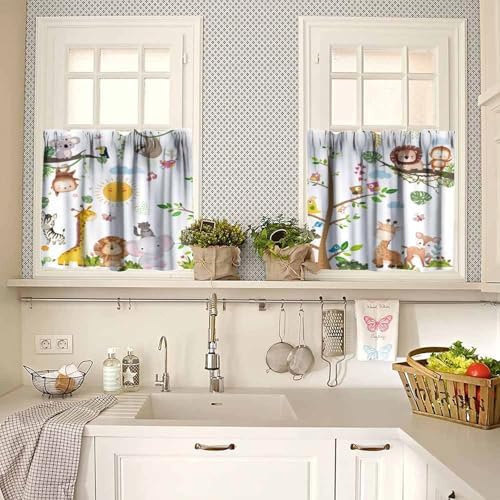 Kids Forest Animals Valance Curtains, Cartoon Elephants Giraffes, Lions Parrots - Image 2