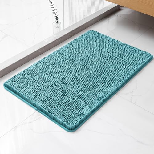 Chenille Bathroom Rug 20"x32" Aqua, Non-Slip Plush Bath Mat by Kildoss