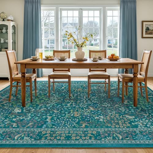Woodland Animal Washable Rugs 8x10, Teal Tree of Life Floral Animal Rugs - Image 4