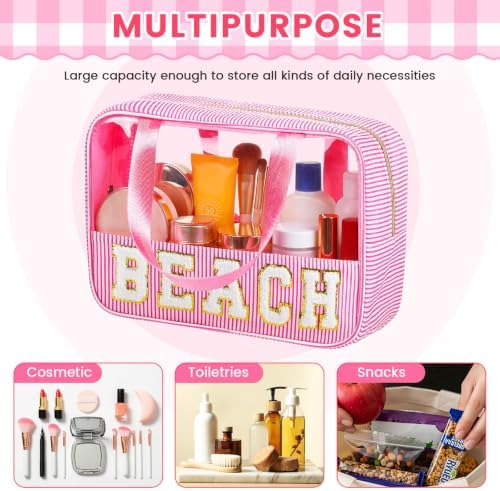 Sanwuta Seersucker Beach Bag Chenille Letter Clear Sunscreen Makeup Bag - Image 3