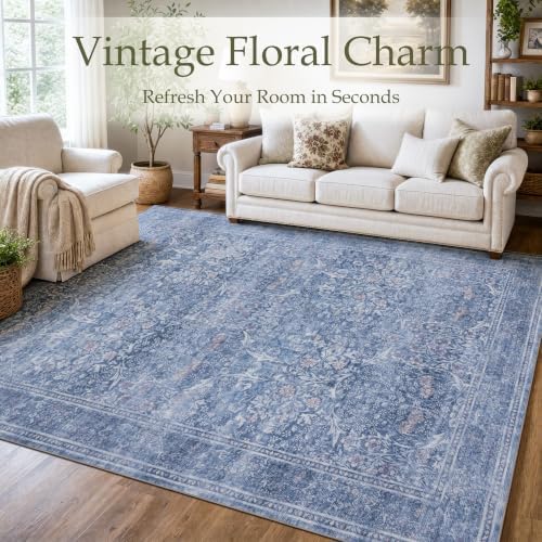 JOLLYVOGUE Entryway Rug, 2x3 Washable Vintage Floral Rug, Dusk Blue - Image 2