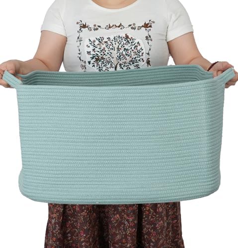 XUANGUO Large Rectangle Woven Cotton Rope Blanket Basket 22"x17"x12" Green by XUANGUO