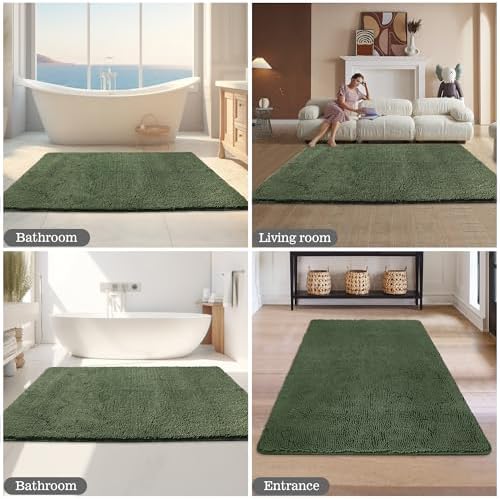 Yeaban Chenille Olive Green Bathroom Rug 36"x60", Non-Slip Rubber Backing - Image 5