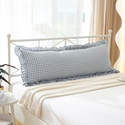 Dust Blue White Gingham Ruffle Body Pillow Cover 20"x54" by KMASANIJI