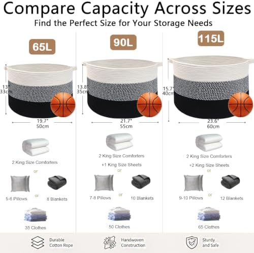 90L Extra Large Blanket Basket, Woven Laundry Basket-Mixed Black - Image 2