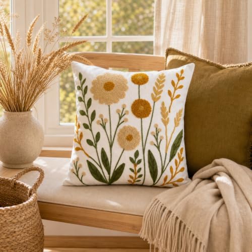 Embroidered Throw Pillow Cover, 18x18 Inch Floral Decorative Pillowcase - Image 2