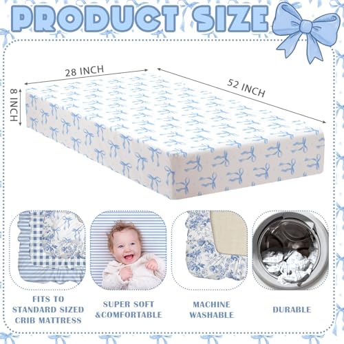 Peryiter 4 Pack Crib Sheets for Baby 52'' X 28" Blue Bow Crib Sheet - Image 2