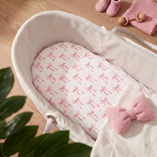 Breling 2 Pcs Muslin Pink and Pink Bow Baby Bassinet Sheets - Image 6