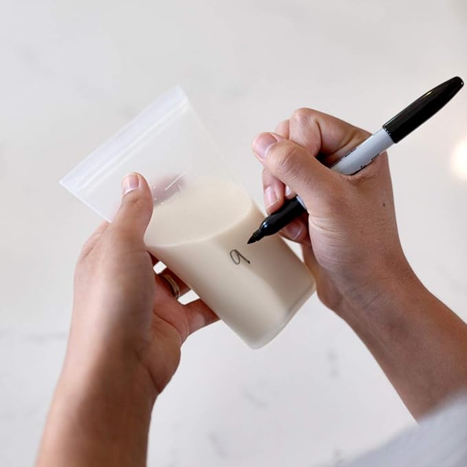 Zip Top Reusable 100% Silicone Breast Milk Storage Bags That Stand Up Stay Open and Zip Shut, Made in The USA - Set of 2 Bags