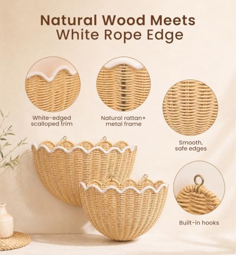 Scalloped Wall Basket 2 Pcs Hand Woven Wicker Hanging Basket Rattan Wall Decor - Image 3