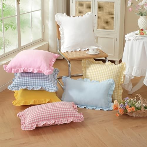 Set of 2 Light Pink and White Ruffle Lumbar Pillow Covers 12x20 Inch, Gingham - Image 5