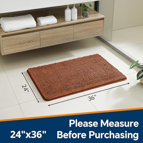 Chenille Bathroom Rug 24"x36" Rust, Non-Slip Plush Bath Mat - Image 2