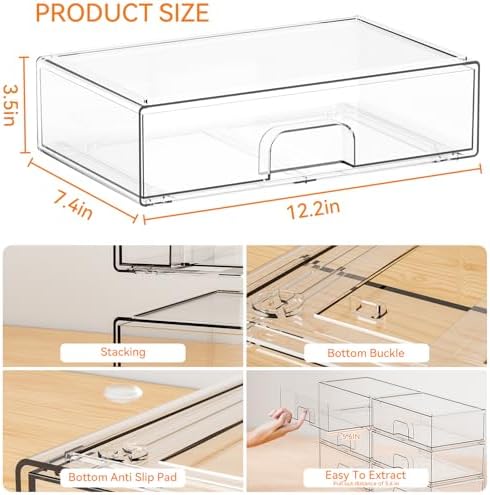 Yieach 12.2''W Clear Stackable Storage Drawers, 4 Pack Acrylic Drawers - Image 3