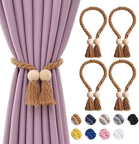 NICEEC 4 Pack Wooden Ball Magnetic Curtain Tiebacks Boho Home Decor Drape Tie by NICEEC