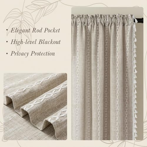MitoVilla Taupe Boho Linen Bedroom Curtains 84 Inch Length 2 Panels Set - Image 5