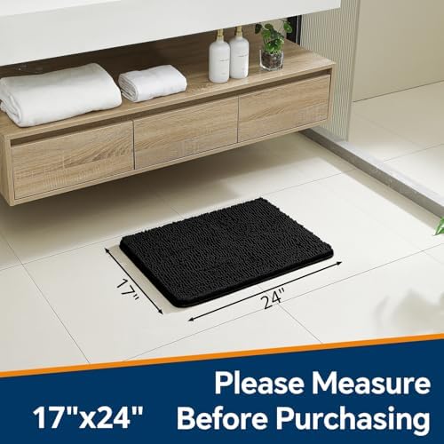 Chenille Bathroom Rug 17"x24" Black, Non-Slip Plush Bath Mat - Image 2