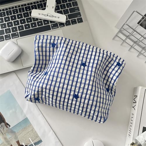 Flat Makeup Bag for Women, Zipper Cosmetic Pouch for Purse, Gingham Blue - Image 6