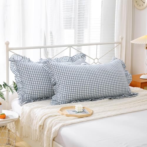 2 Pack Dust Blue Gingham Ruffle Pillow Shams King Size 20"x36" - Image 3