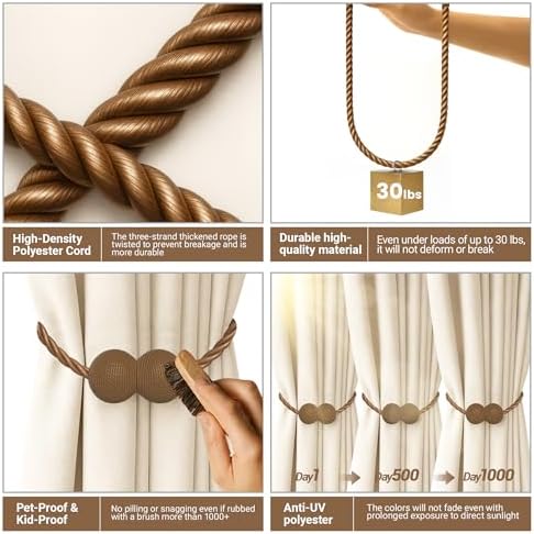 Hion Magnetic Curtain Tiebacks Dark Brown 2pcs, Curtain Holdbacks Hooks - Image 3