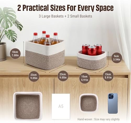5-Pack Storage Cubes Woven Rope Baskets, 2 Sizes Organizer Bins - Image 2