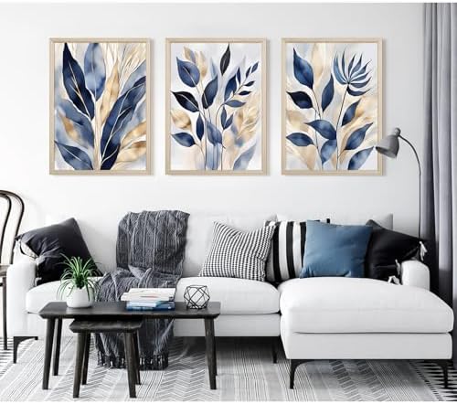 Blue Botanical Wall Art Abstract Leaf Canvas Prints Decor Modern Plant Wall Art - Image 3