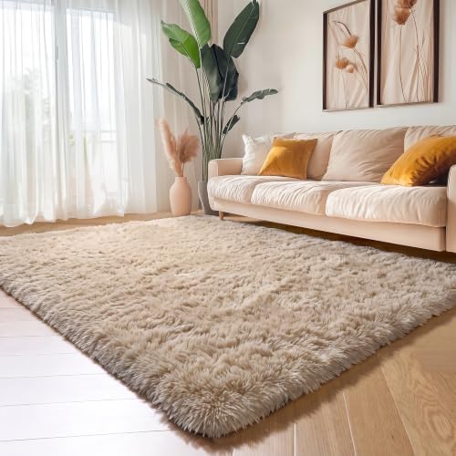 Amdrebio Beige Boho Furry Small Area Rug 3x5 - Image 5
