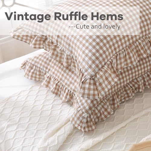 2 Pack Taupe White Gingham Ruffle Standard Pillow Shams 20"x26" - Image 5