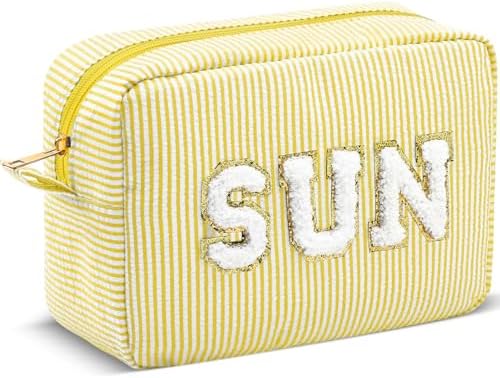 Sanwuta Seersucker Cosmetic Bags Sun Bag Chenille Letter Seersucker Makeup Bags by Sanwuta