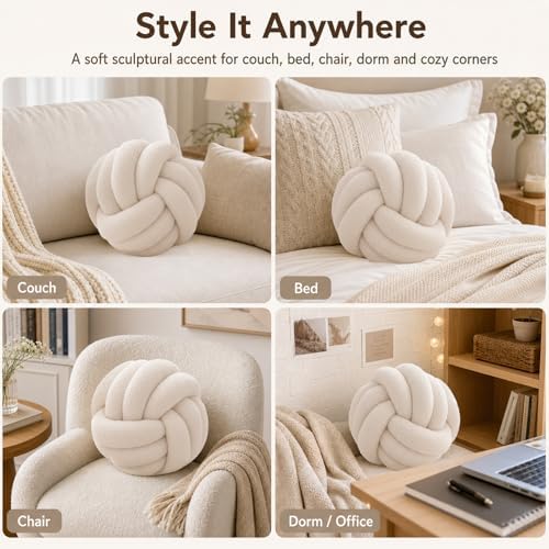 Petrella Beige Knot Pillow Ball, 11 Inch Round Decorative Pillow - Image 3