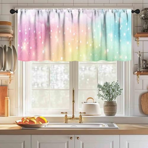 Rainbow Kids Curtains Valance, Boho Pastel Cartoon Cute Colorful Sky Clouds - Image 3
