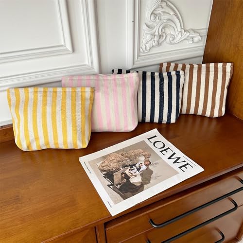 Flat Makeup Bag for Women, Zipper Cosmetic Pouch for Purse, Stripe Yellow - Image 5