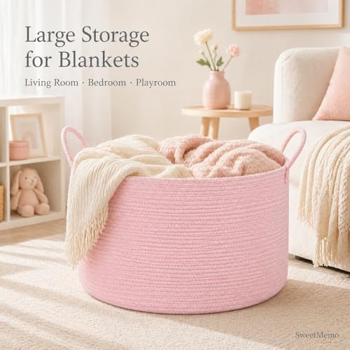 Extra Large Woven Throw Blanket Basket, 20 x 12 in, Blush Pink - Image 2