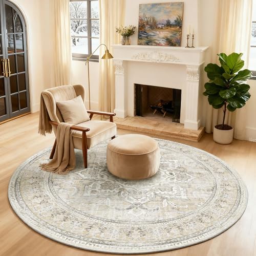 4ft Washable Round Rugs for Bedroom: Circle Living Room Rug Boho Vintage Non - Image 2