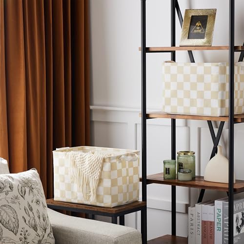 Ohocut Beige White Checkered Canvas Basket, Rectangular Organizing Decorative - Image 3