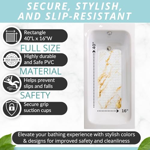 ENKOSI Non-Slip Bath Mat and Shower Mat 40x16 Long, Marble White Gold - Image 4